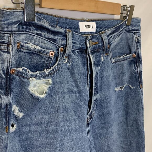 Pistola Presley Blue Med Wash High Rise Button Fly Distressed Loose Fit Jeans 29 - Picture 3 of 16